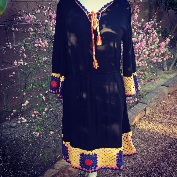 Black Crochet Bohemian Tassel Tie Tunic Dress - Picture 2 of 4